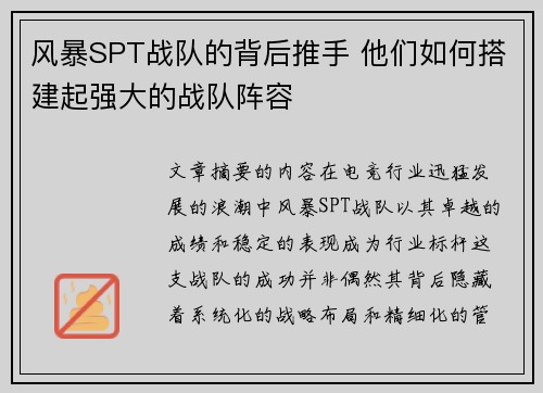 风暴SPT战队的背后推手 他们如何搭建起强大的战队阵容