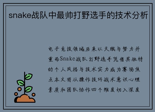 snake战队中最帅打野选手的技术分析