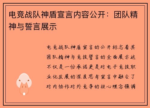 电竞战队神盾宣言内容公开：团队精神与誓言展示